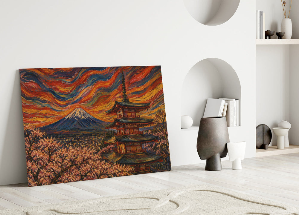 Mount Fuji Pagoda Munch Style Glass Wall Art