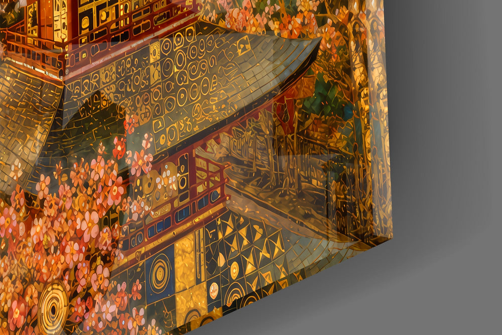 Mount Fuji Pagoda Klimt Style Glass Wall Art