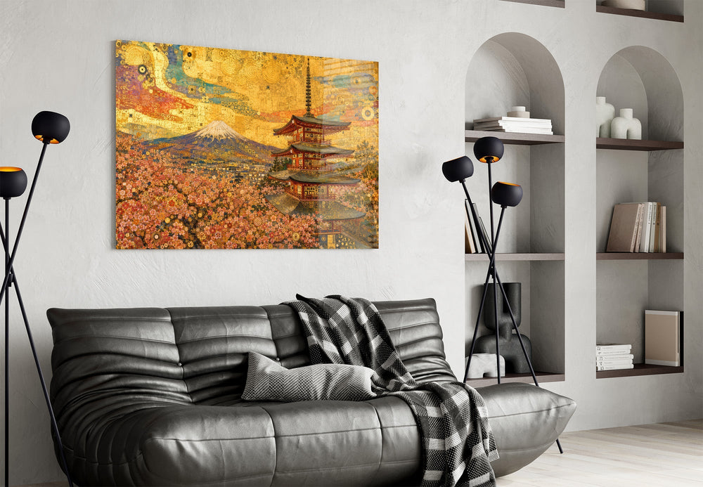 Mount Fuji Pagoda Klimt Style Glass Wall Art