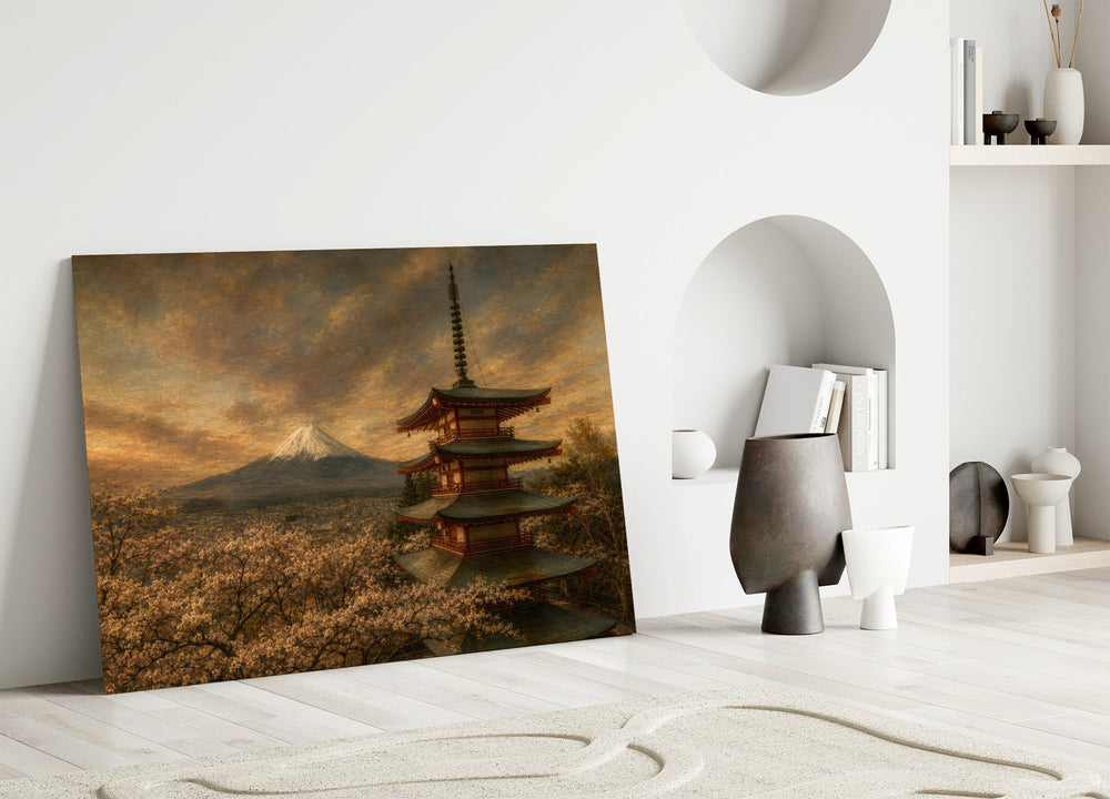 Mount Fuji Pagoda Da Vinci Style Glass Wall Art