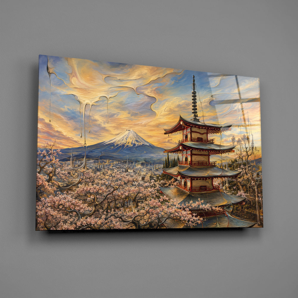 Mount Fuji Pagoda Surrealist Style Glass Wall Art
