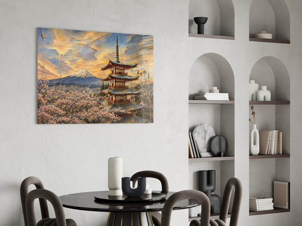 Mount Fuji Pagoda Surrealist Style Glass Wall Art