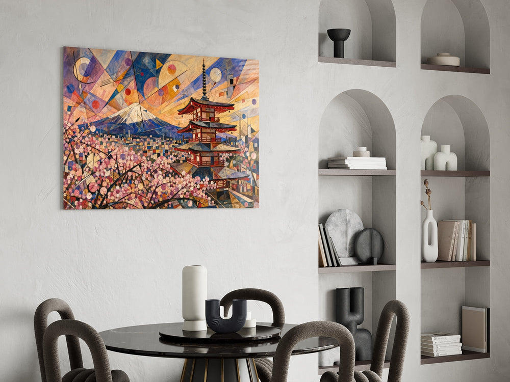 Mount Fuji Pagoda Kandinsky Style Glass Wall Art