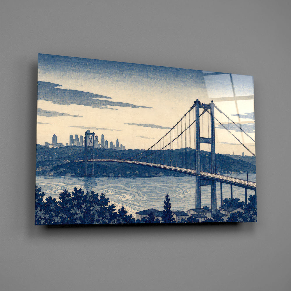 Istanbul Bosphorus Bridge Hokusai Style Glass Wall Art