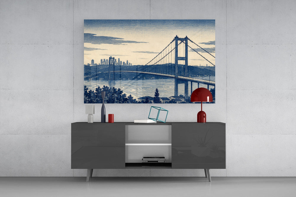 Istanbul Bosphorus Bridge Hokusai Style Glass Wall Art