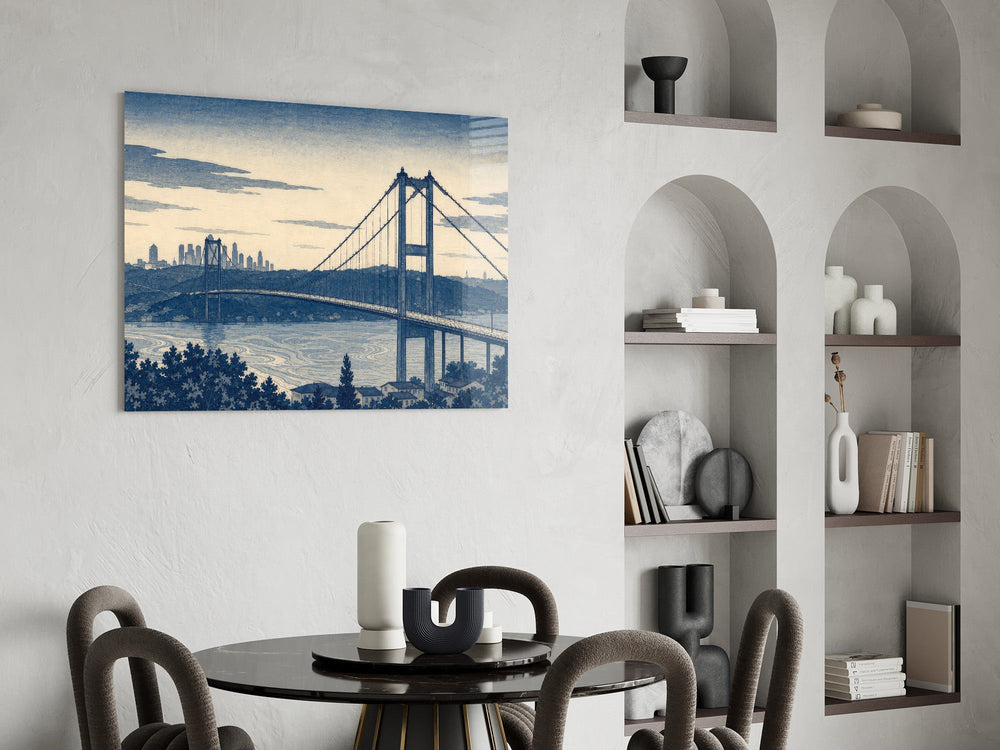 Istanbul Bosphorus Bridge Hokusai Style Glass Wall Art