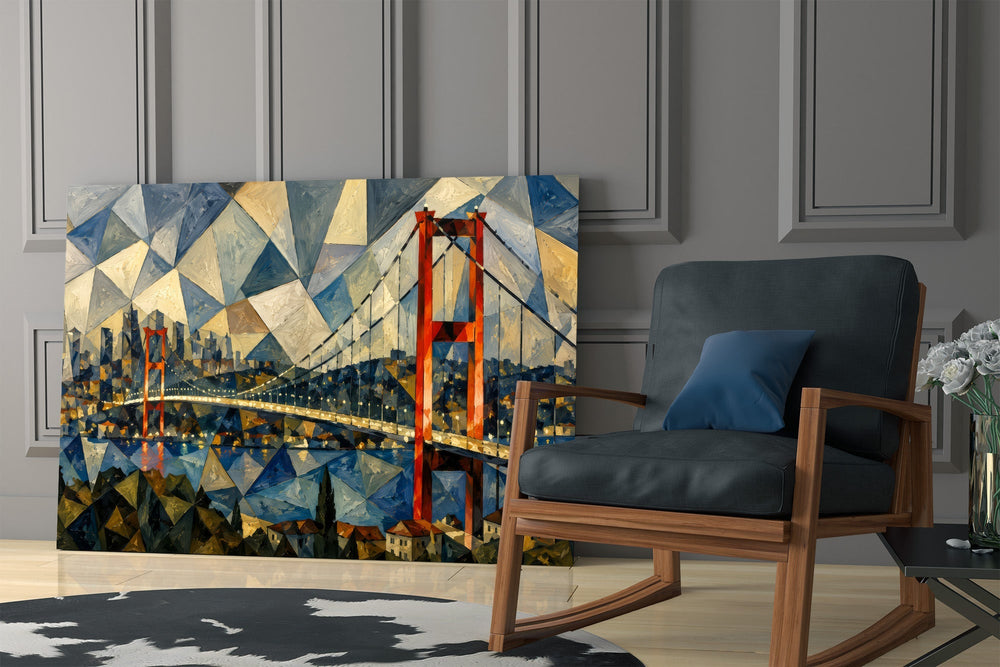 Istanbul Bosphorus Bridge Cubist Style Glass Wall Art