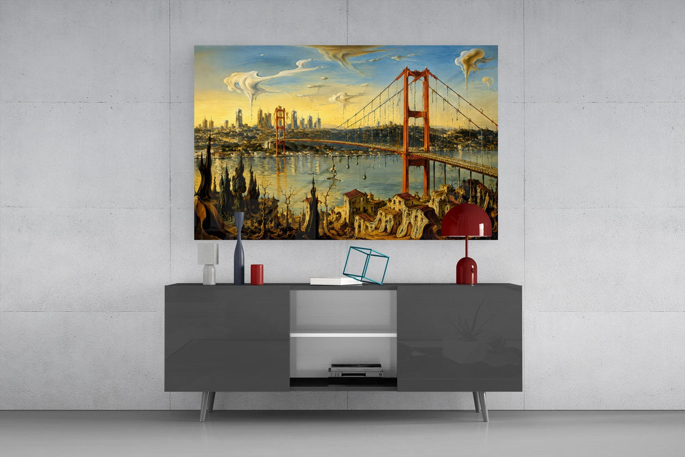 Istanbul Bosphorus Bridge Surrealist Style Glass Wall Art