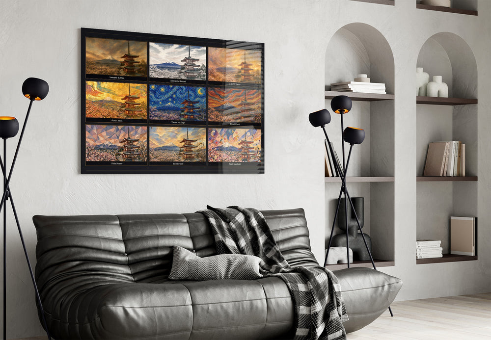 Mount Fuji Nine Painting Styles Collage Glass Wall Art