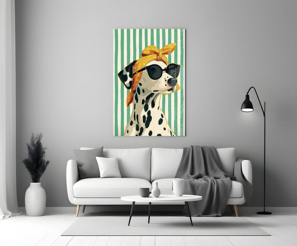 Dalmatian in Bandana and Round Sunglasses Glass Wall Art