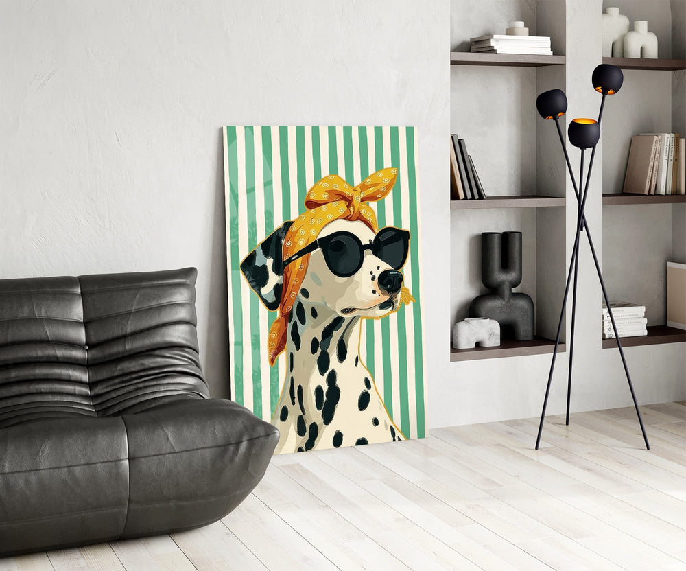 Dalmatian in Bandana and Round Sunglasses Glass Wall Art