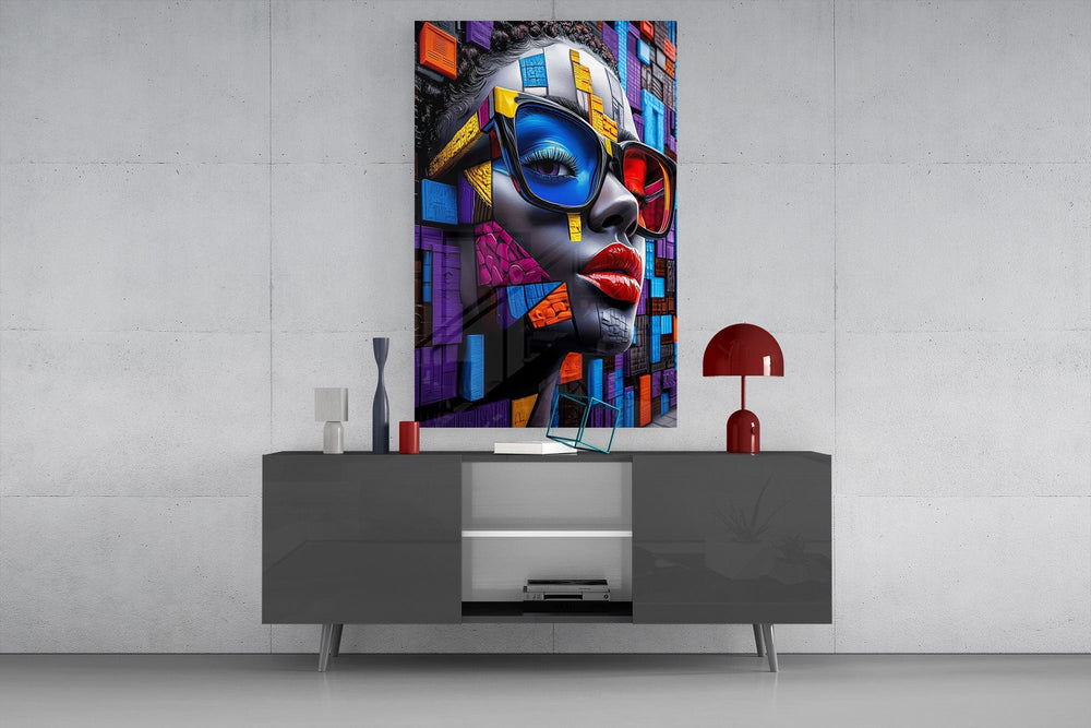 Mosaic Block Woman Portrait Cubist Glass Wall Art