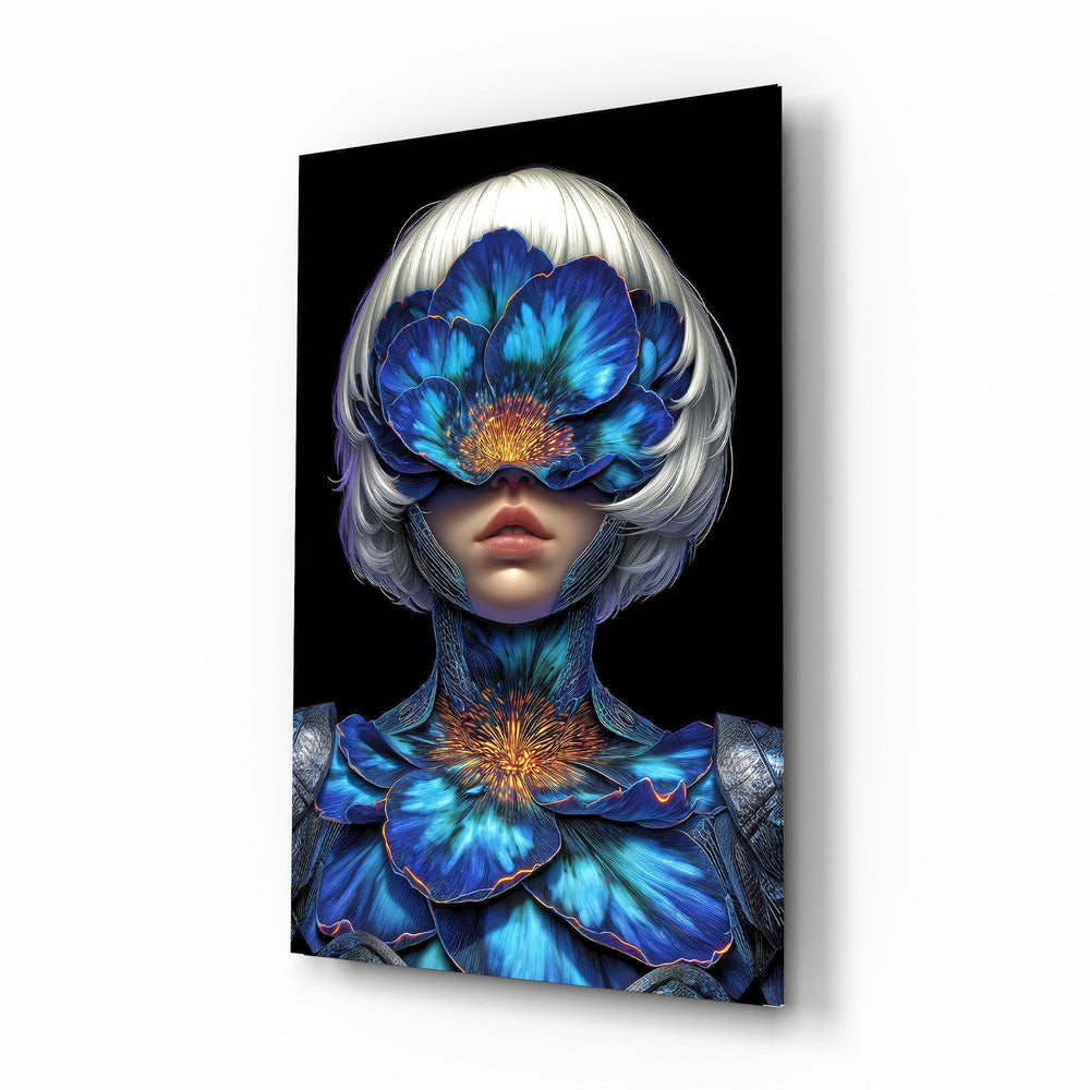 Blue Orchid Masked Woman Surreal Glass Wall Art