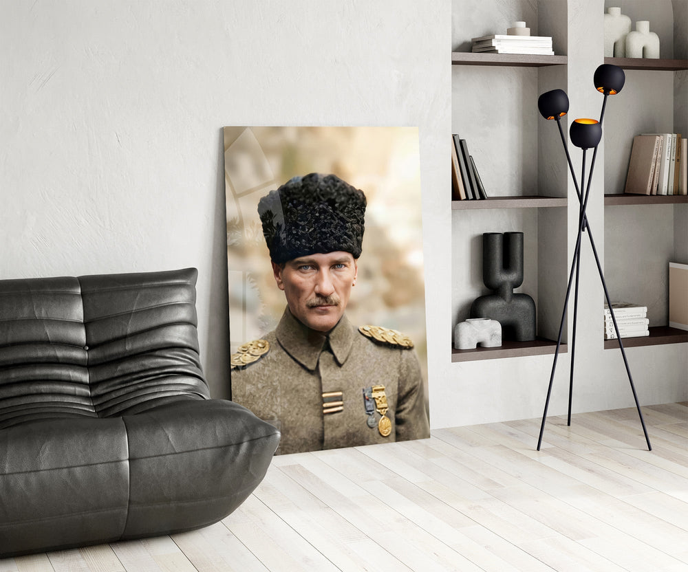 Atatürk Portrait in Kalpak Colourised Glass Wall Art