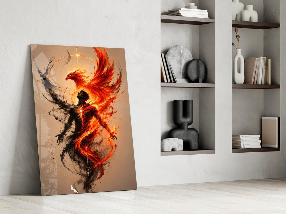 Rising Phoenix Fire and Ink Figure Glass Wall Art