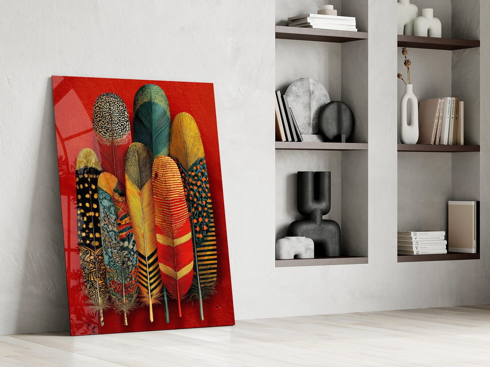 Patterned Feather Collection Red Ground Glass Wall Art