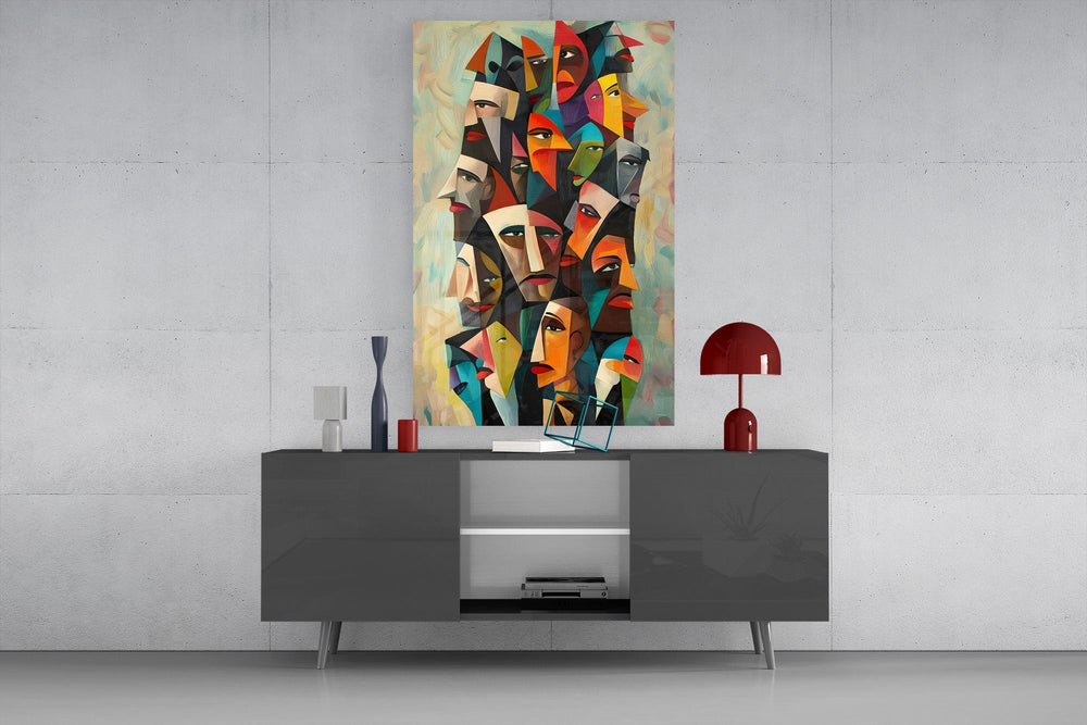 Cubist Faces Bright Colour Crowd Glass Wall Art