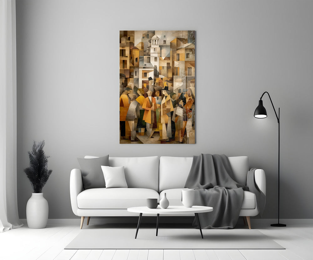 Cubist Old Town Street Ochre Glass Wall Art