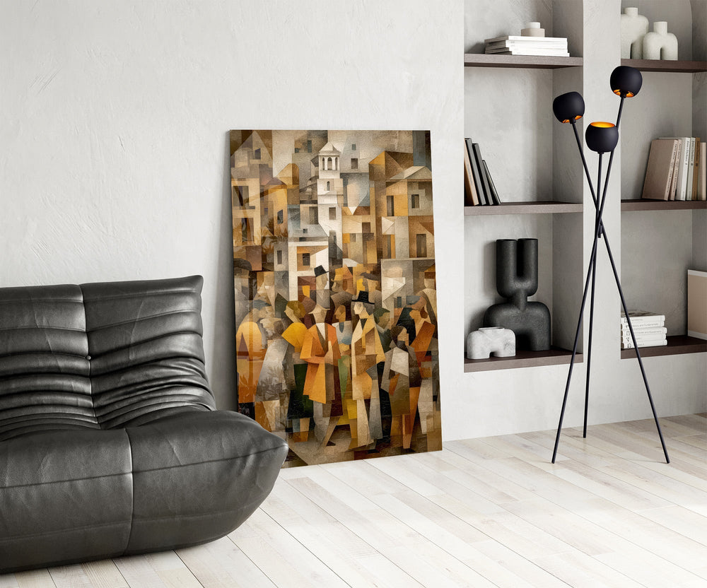 Cubist Old Town Street Ochre Glass Wall Art