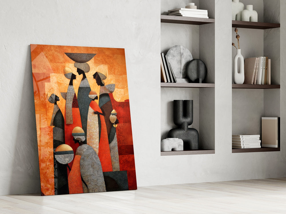 Women Carrying Vessels Terracotta Figures Glass Wall Art