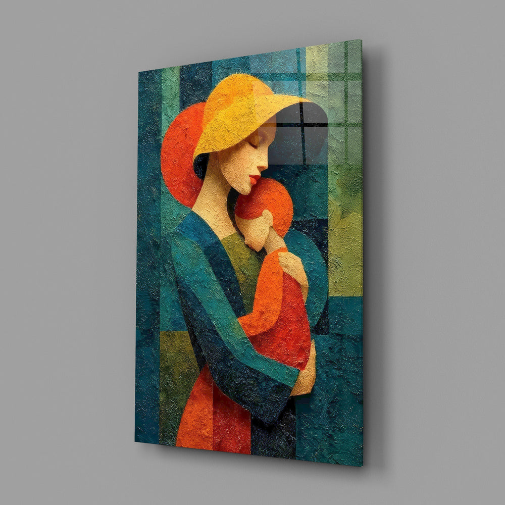 Mother and Child Yellow Hat Textured Glass Wall Art
