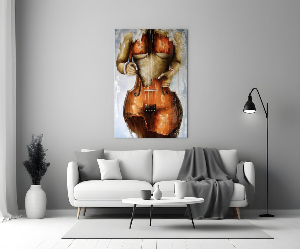 Cello Body Woman Surreal Glass Wall Art