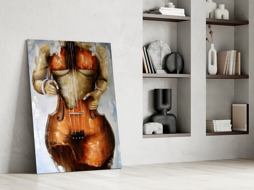 Cello Body Woman Surreal Glass Wall Art