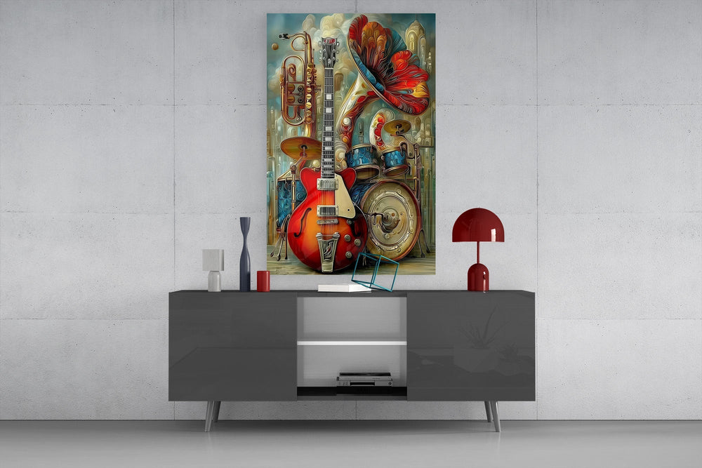 Vintage Band Instruments Still Life Glass Wall Art