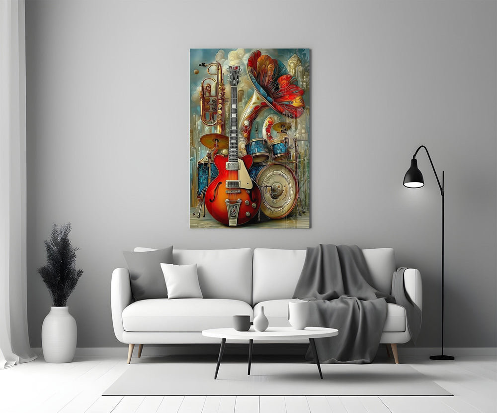 Vintage Band Instruments Still Life Glass Wall Art