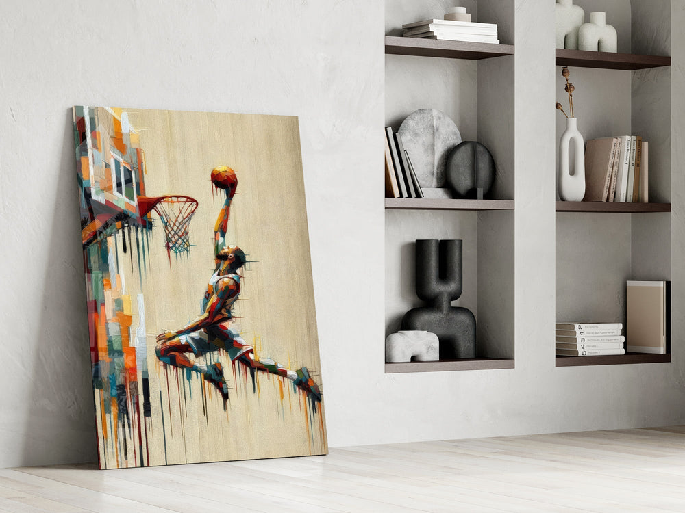 Basketball Dunk Dripping Palette Glass Wall Art