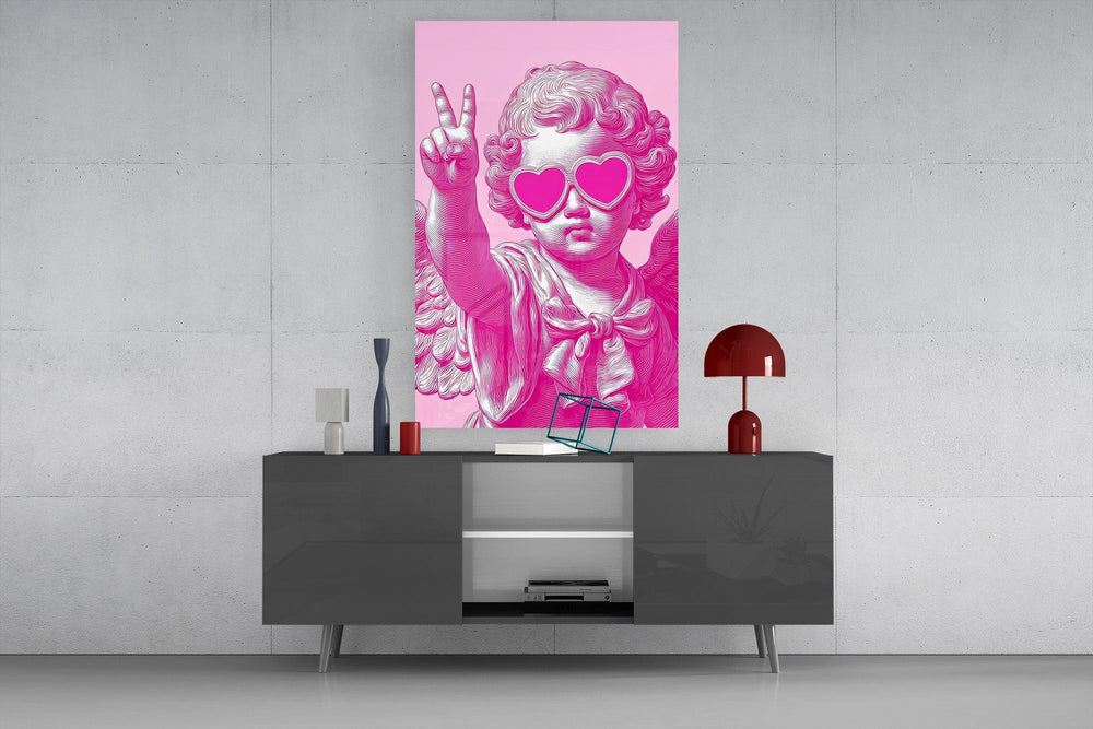 Cherub in Heart Sunglasses Pink Pop Art Glass Wall Art