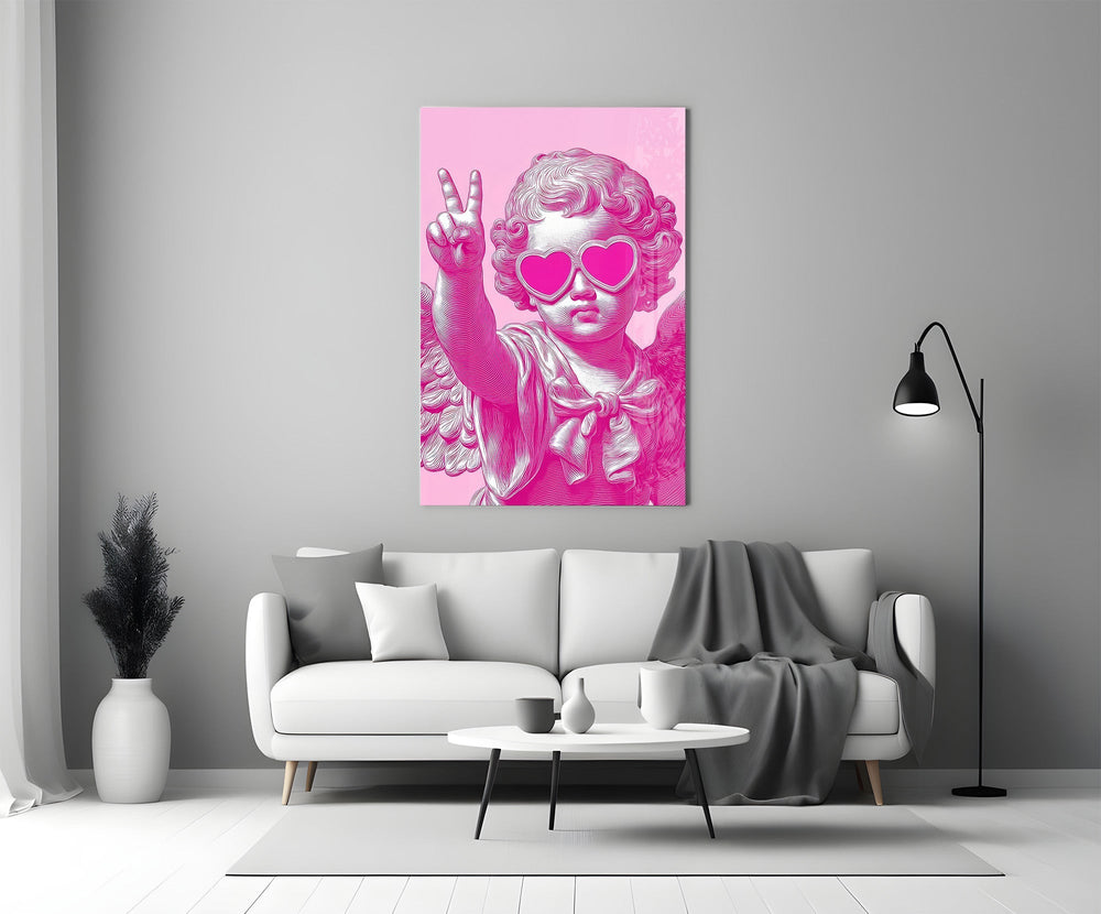 Cherub in Heart Sunglasses Pink Pop Art Glass Wall Art