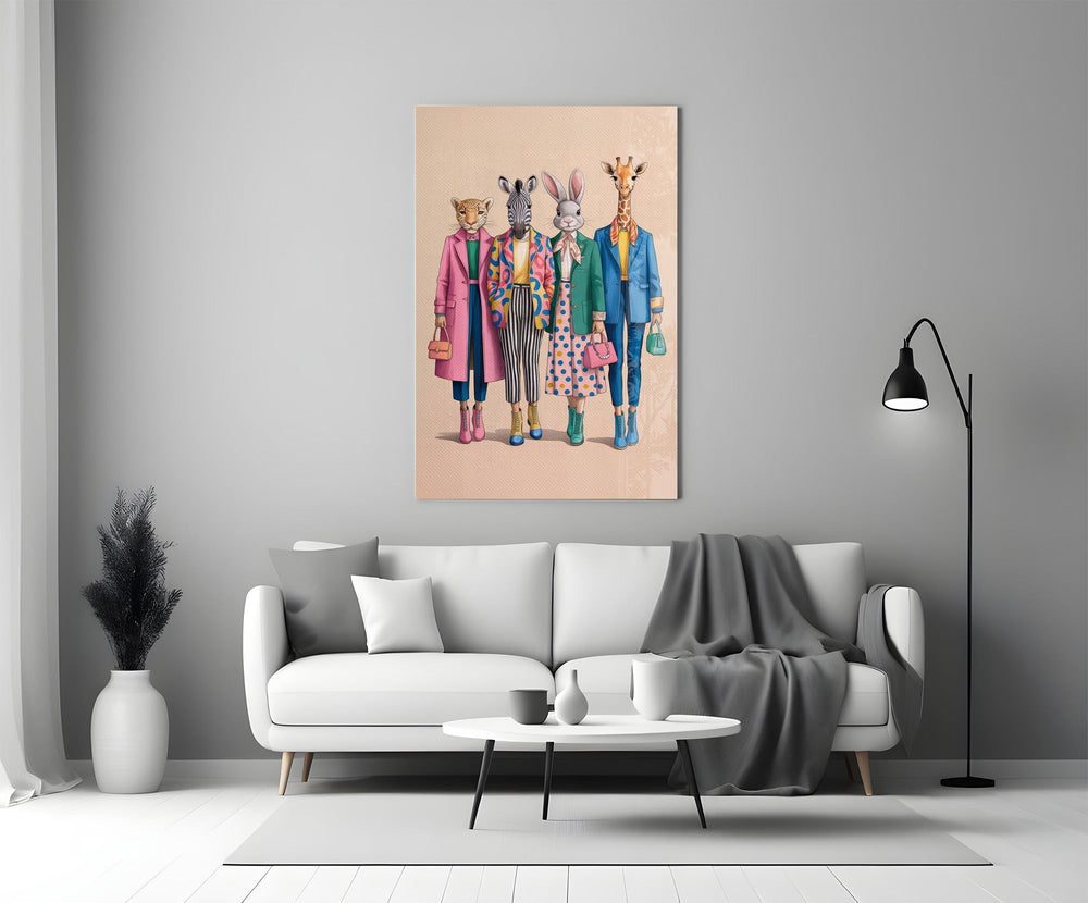Animal Heads in Fashion Illustration Glass Wall Art
