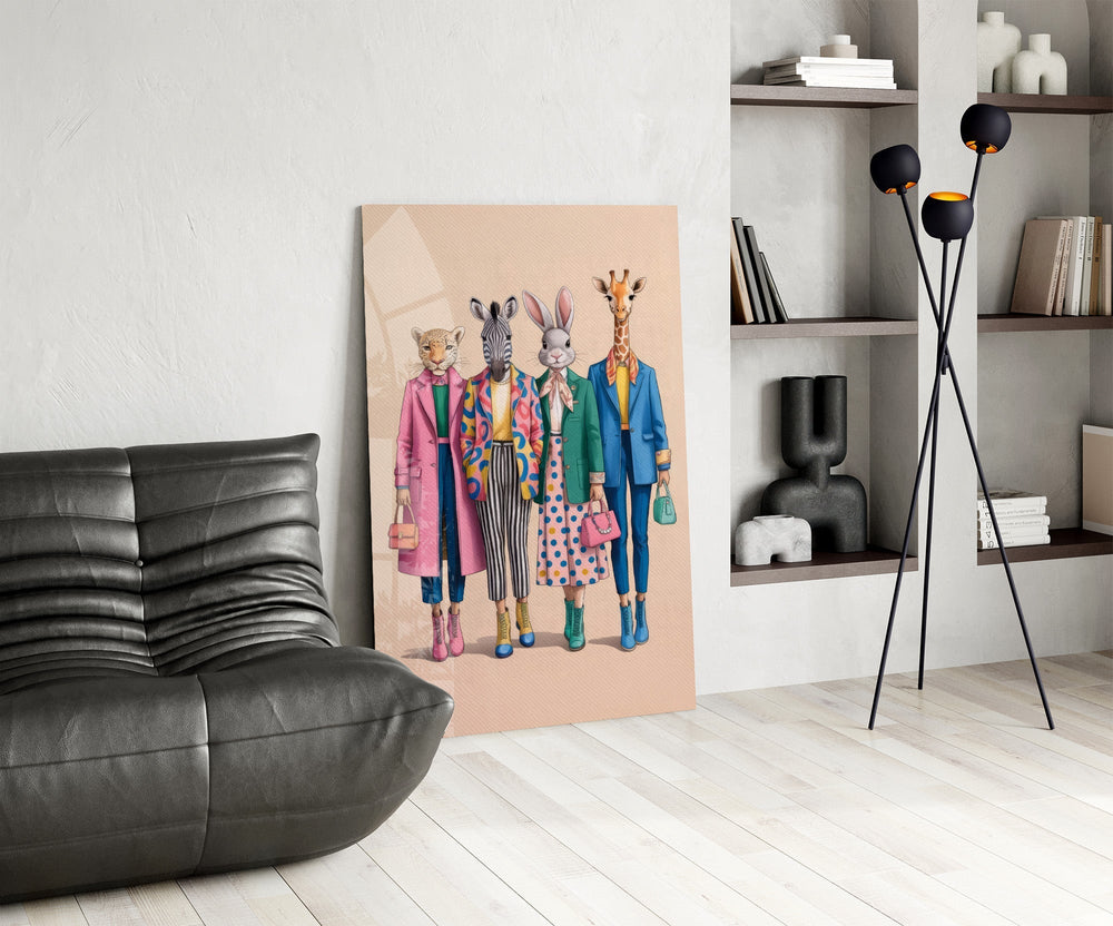 Animal Heads in Fashion Illustration Glass Wall Art