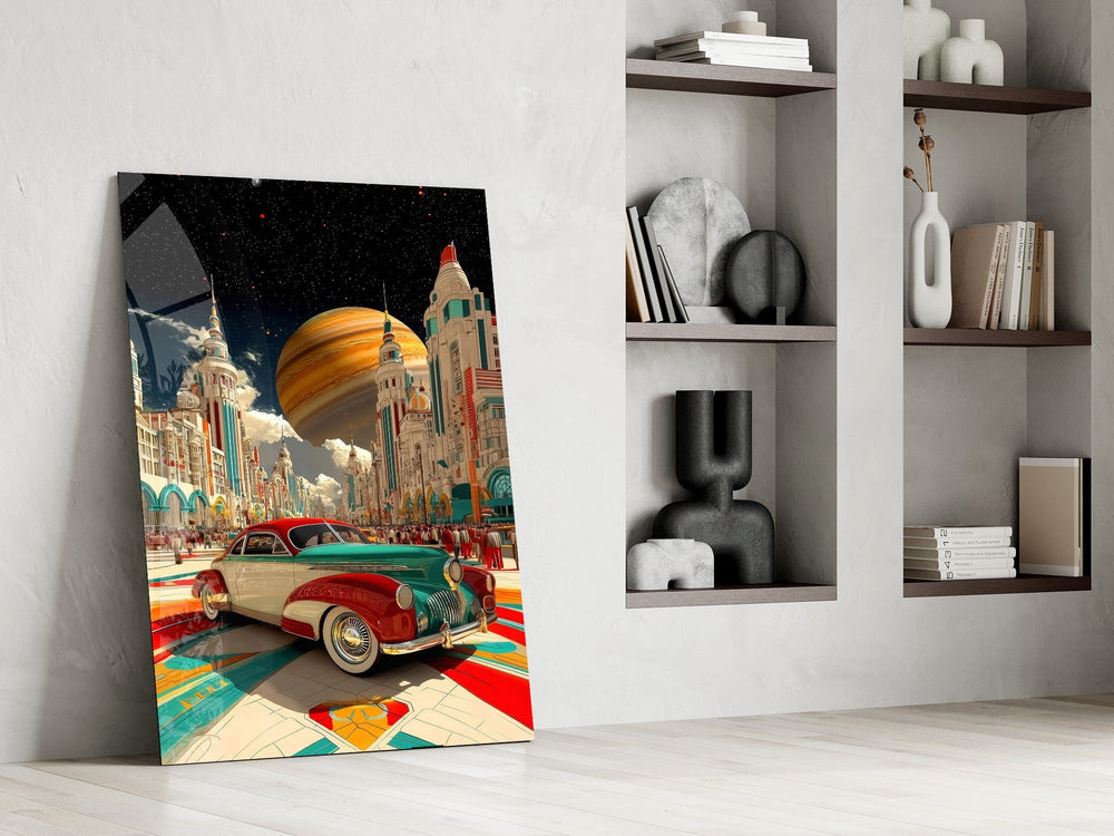 Retro Future City and Classic Car Glass Wall Art
