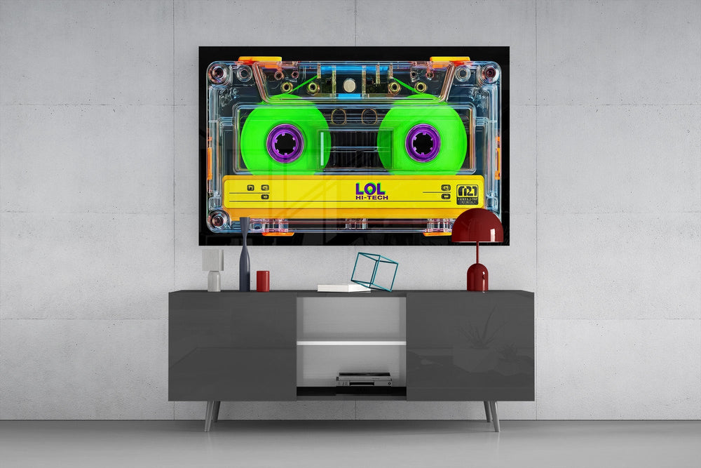 Neon Green Cassette Tape Macro Glass Wall Art
