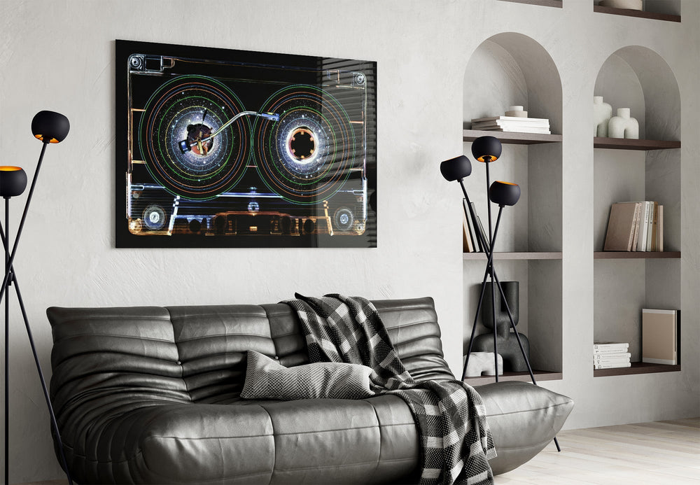Cosmic Cassette Neon Rings Glass Wall Art