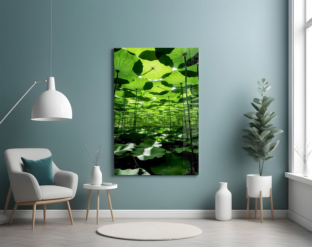 Under the Lotus Leaves Green Glass Wall Art