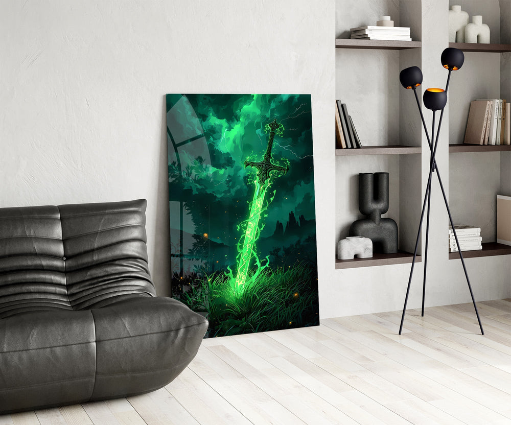 Glowing Emerald Sword Fantasy Glass Wall Art
