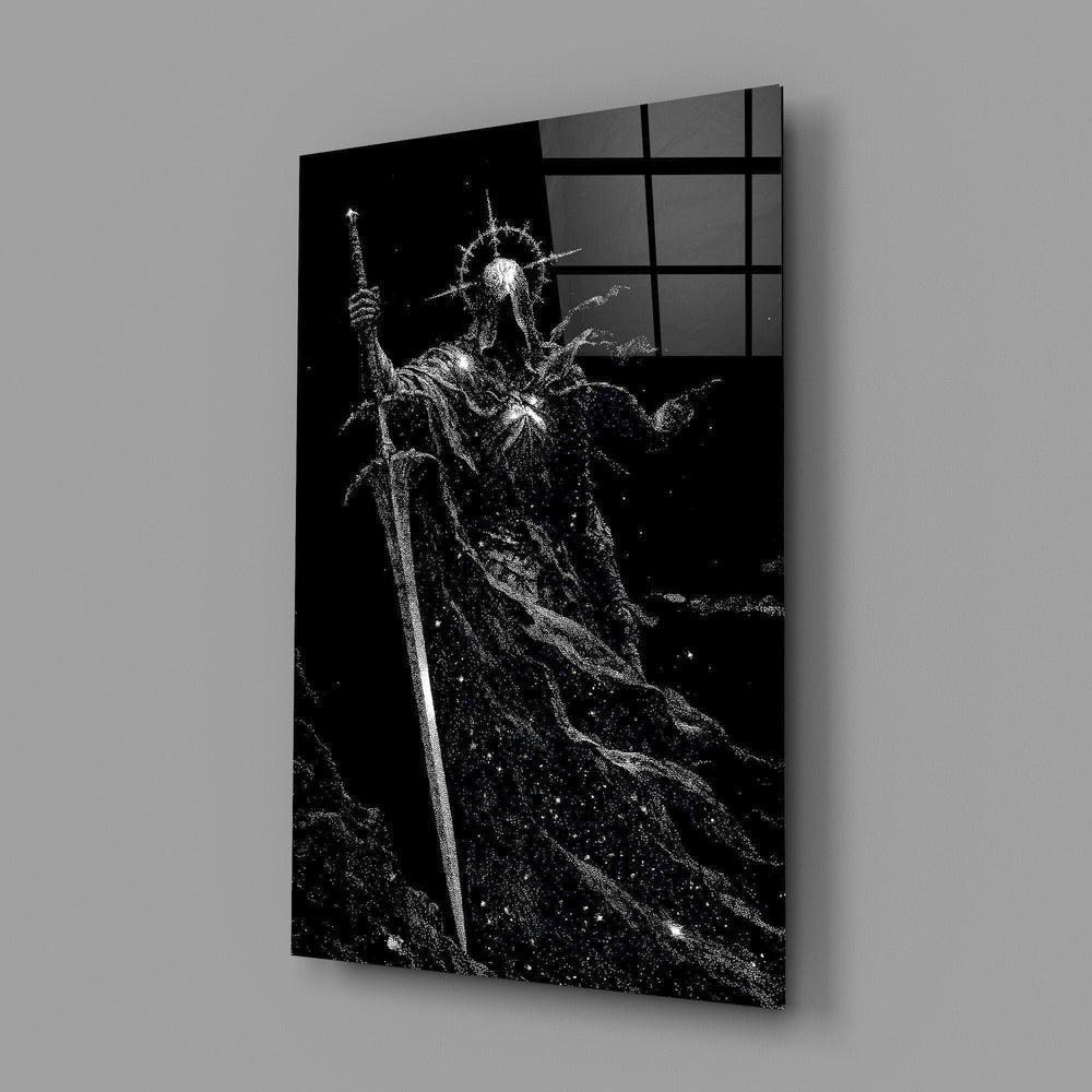 Cosmic Knight Silhouette Monochrome Glass Wall Art