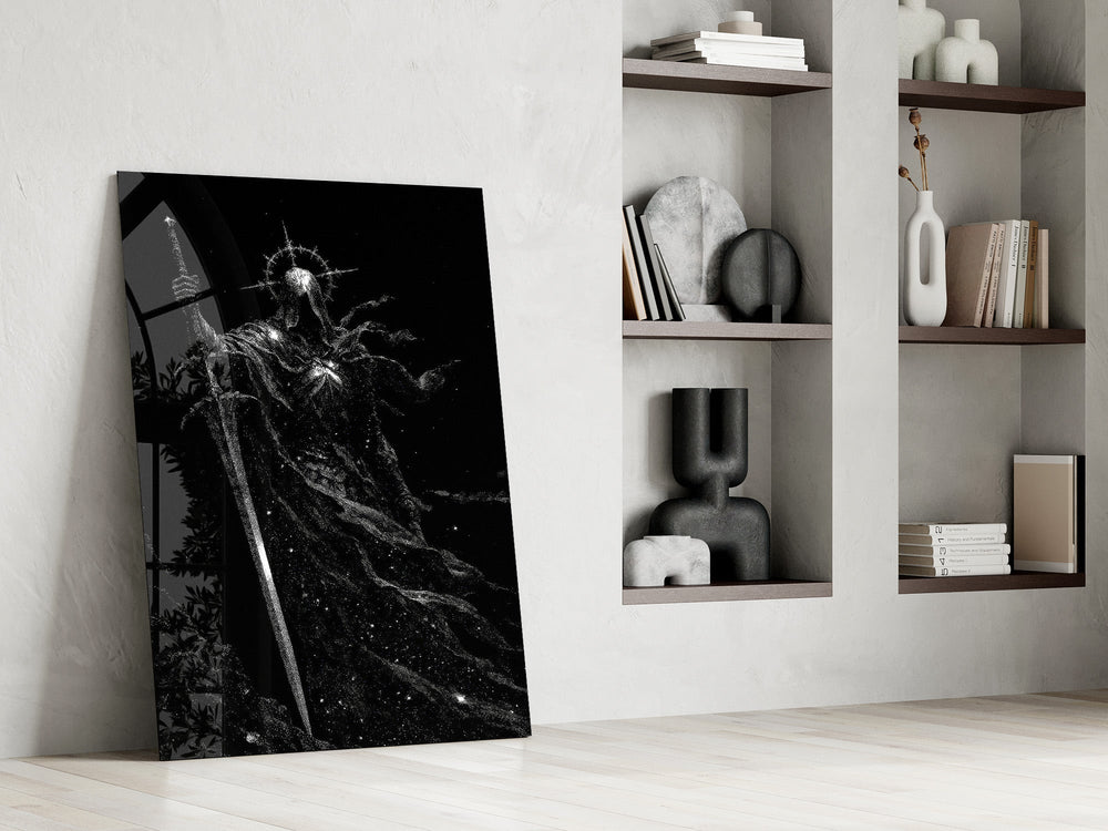 Cosmic Knight Silhouette Monochrome Glass Wall Art