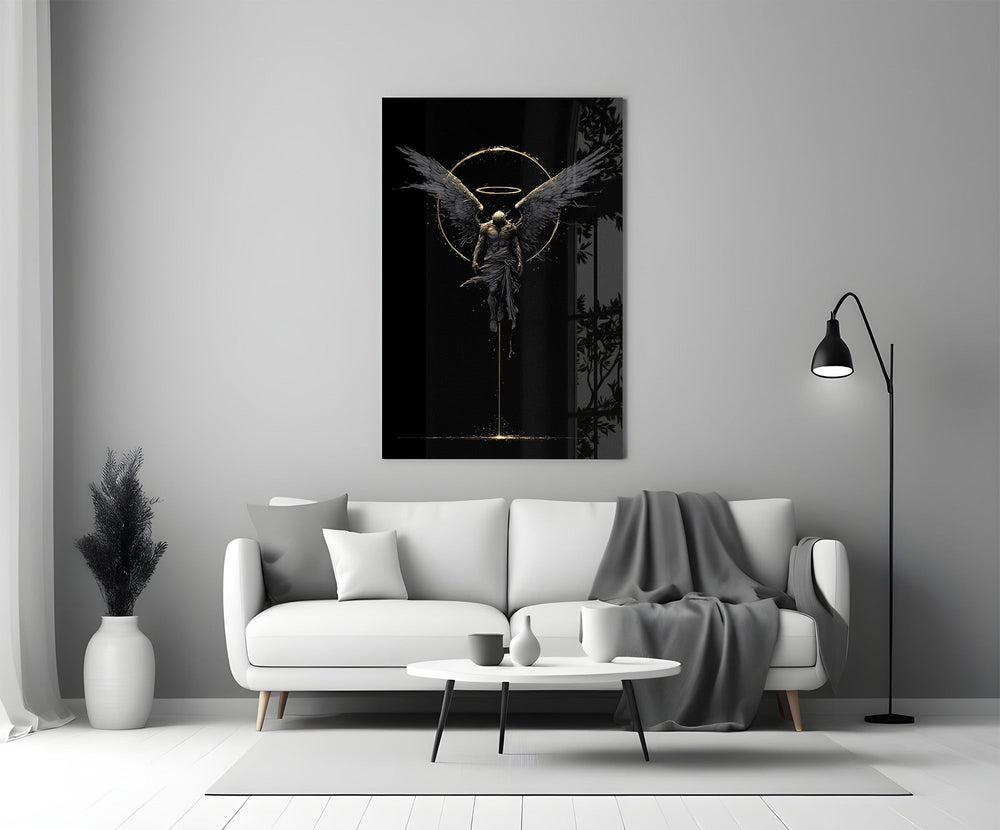 Fallen Angel with Golden Halo Dark Glass Wall Art