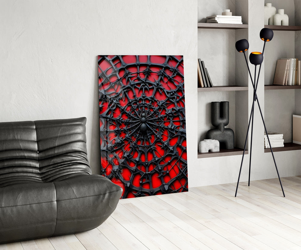 Black Spider Web on Red Gothic Glass Wall Art