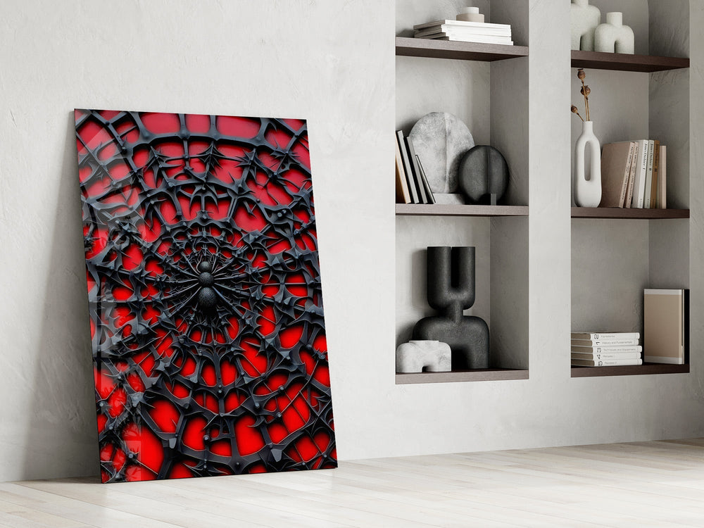 Black Spider Web on Red Gothic Glass Wall Art