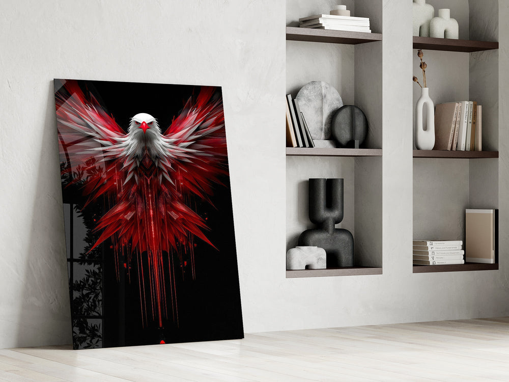 Red and White Eagle Wings Abstract Glass Wall Art