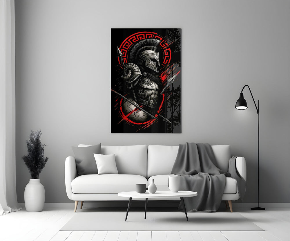 Spartan Warrior with Spears Red Greek Key Glass Wall Art