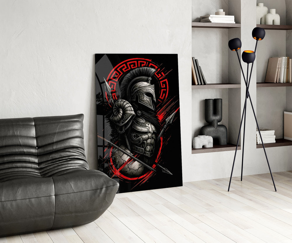 Spartan Warrior with Spears Red Greek Key Glass Wall Art