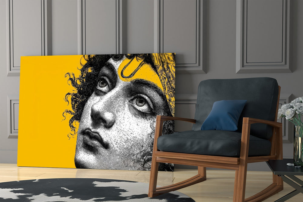 Classical Statue Face on Yellow Pop Art Glass Wall Art