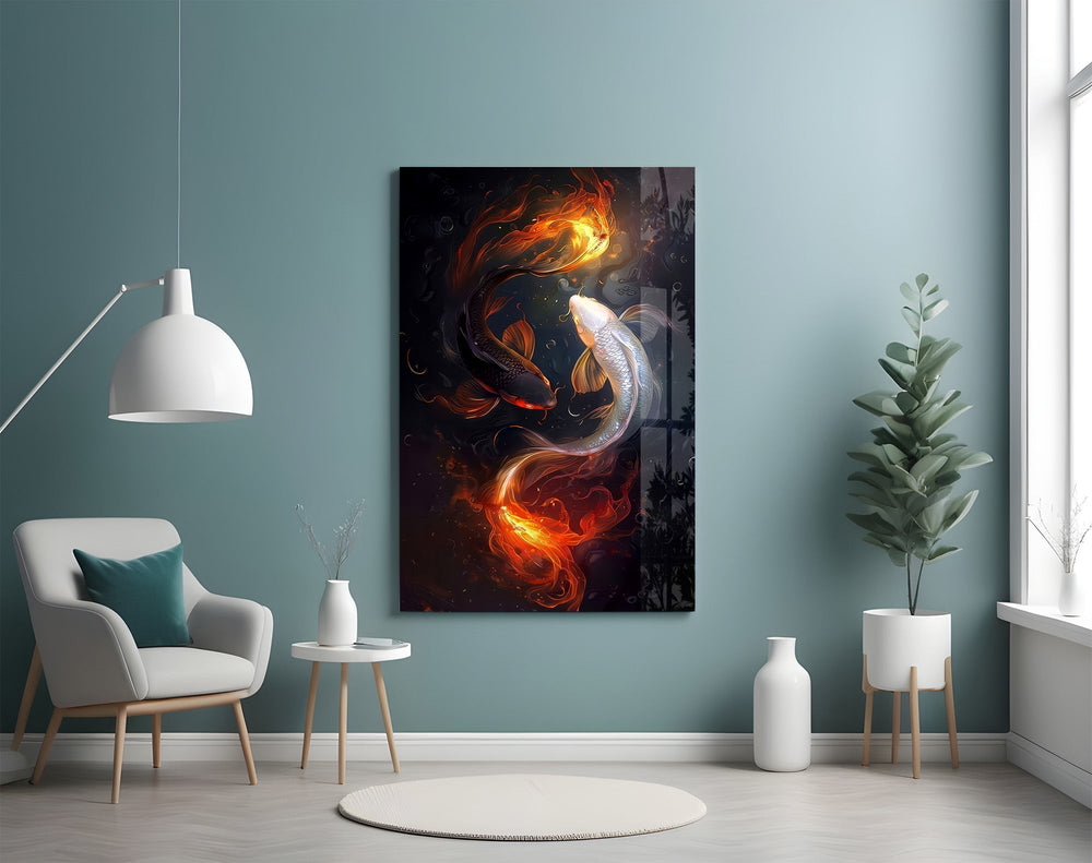 Fire and Silver Koi Yin Yang Glass Wall Art