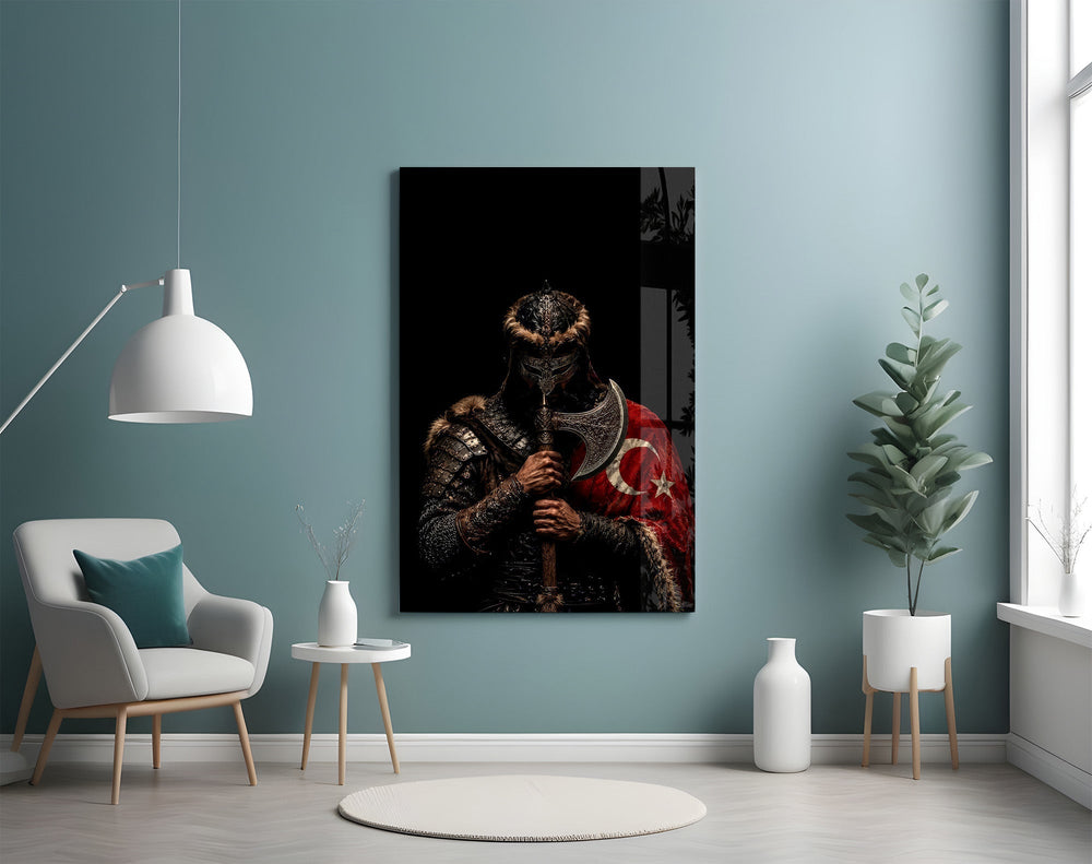 Turkic Warrior with Axe and Flag Glass Wall Art